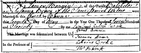 James and Susanna's marriage register 1770